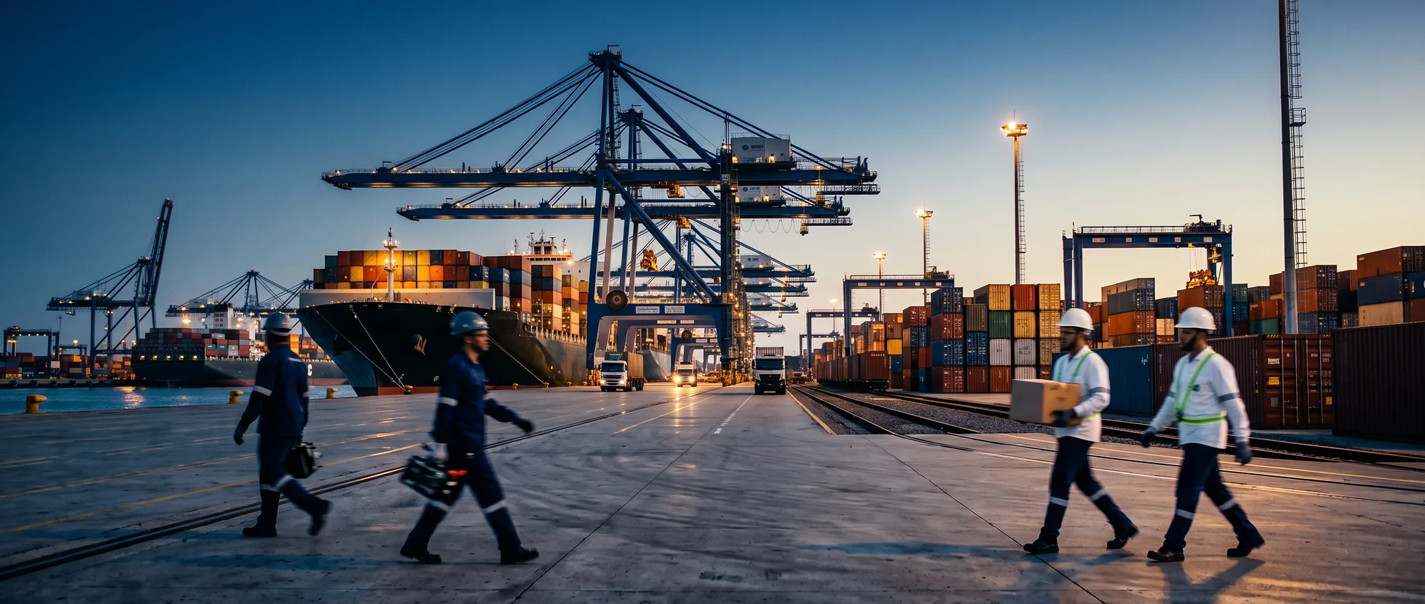 Terminal portuário ao entardecer, com navio, contêineres, guindastes e trabalhadores